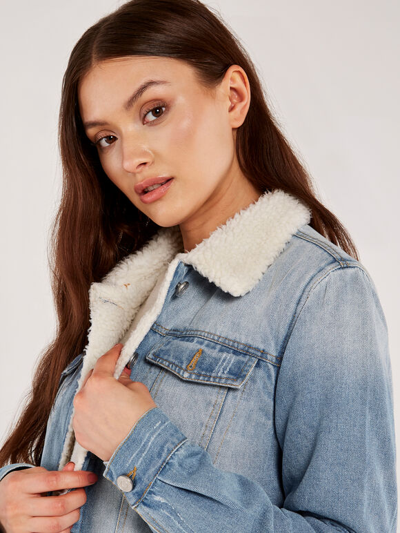 Denim Teddy Fur Lined Jacket, Blue, large