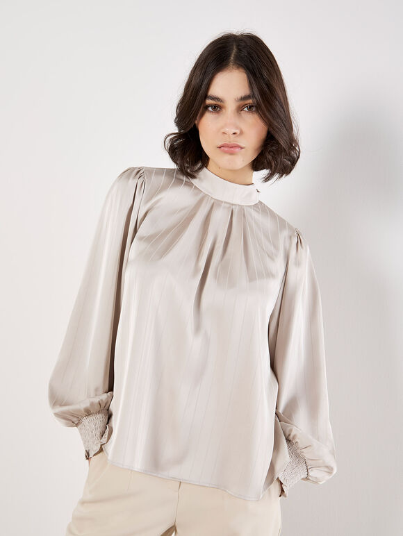 Satin Self-Stripe Tie Back Top, Stone, large