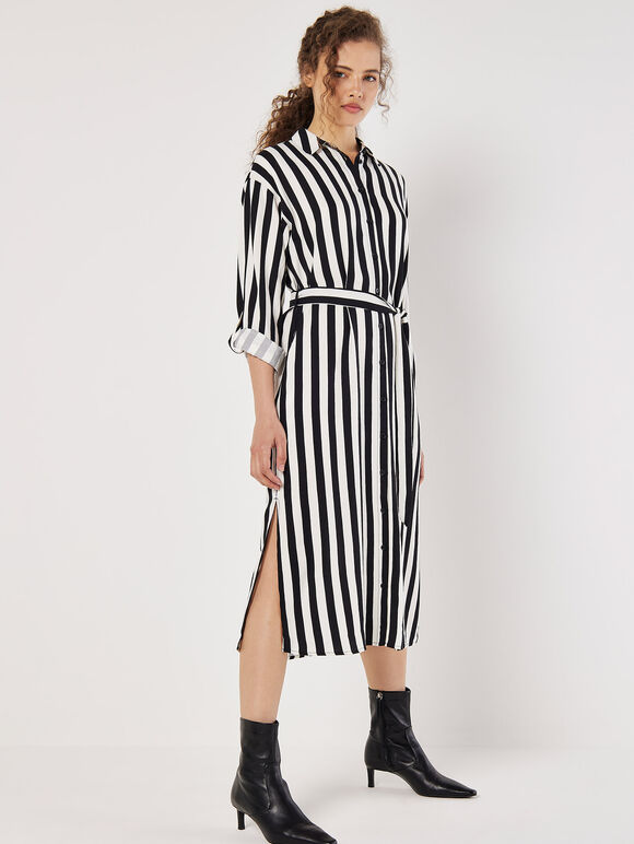 Monochrome Stripe Shirt Midi Dress, Black, large
