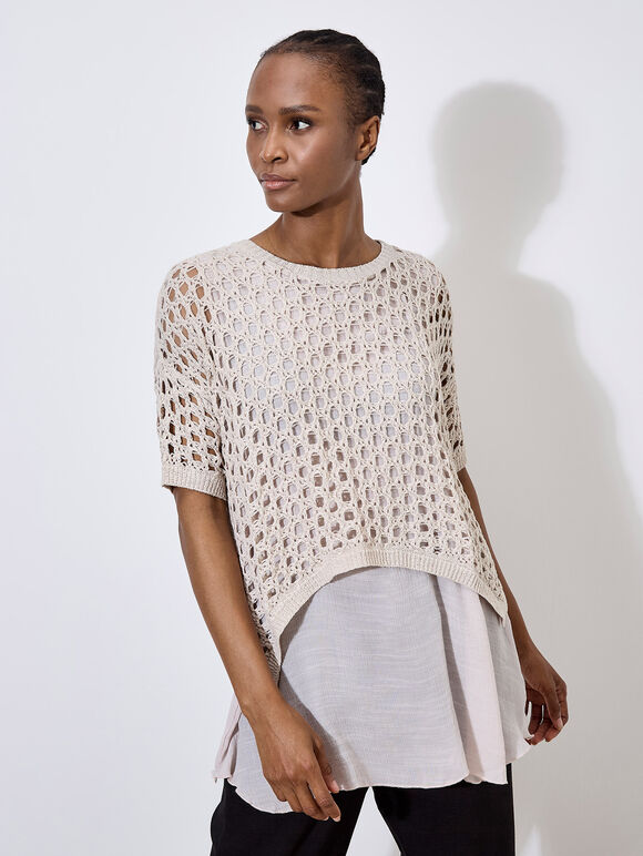 Knitted Mesh Layered Tunic Top, Stone, large