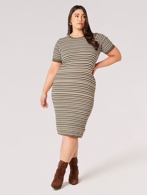 Curve Stripe Knit Midi Dress, Khaki, large