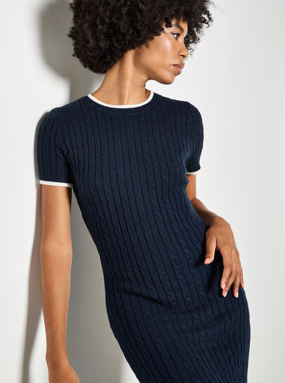 Cable Knit Contrast Trim Midi Dress