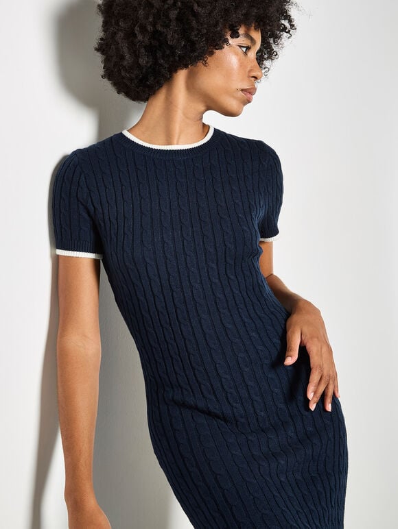 Cable Knit Contrast Trim Midi Dress, Navy, large