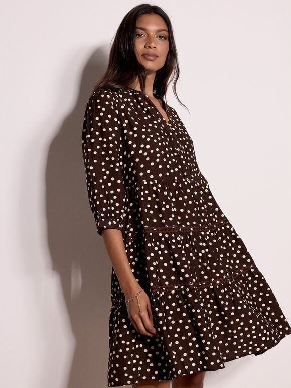Polka Dot Tiered Mini Dress, Brown, large