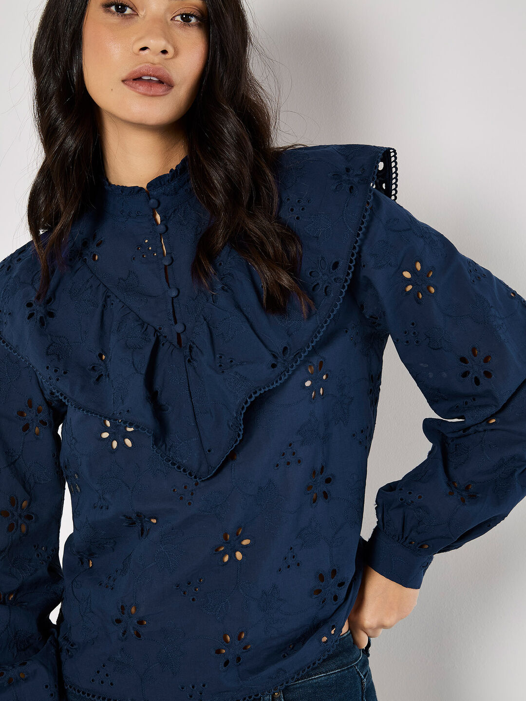 Embroidered Cotton Ruffle Blouse