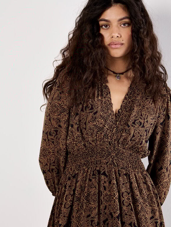 Paisley Ruffle Soft Mini Dress, Rust, large