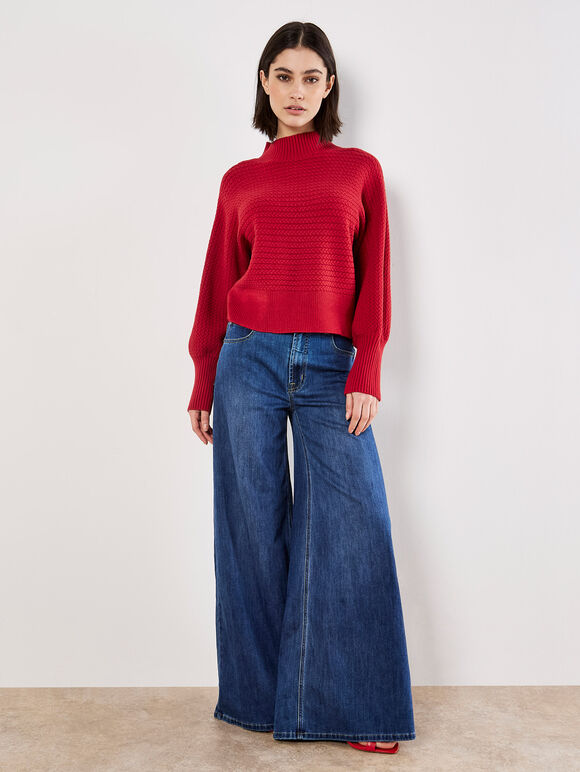Twisted Cable Knit Batwing Jumper, Red, large