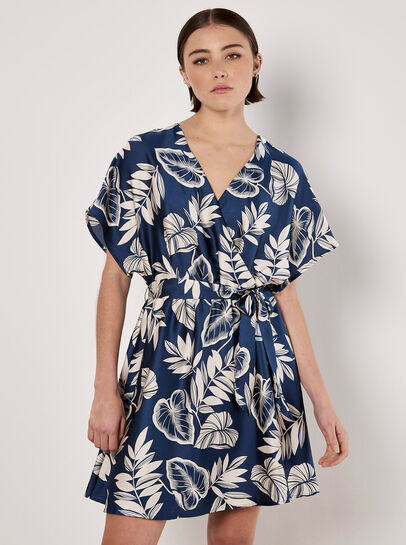 Tropical Leaf Print Satin Mini Dress