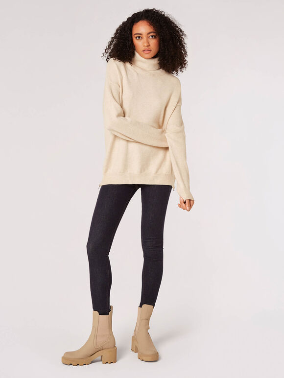 Side Zip Roll Neck Jumper, Stone, large