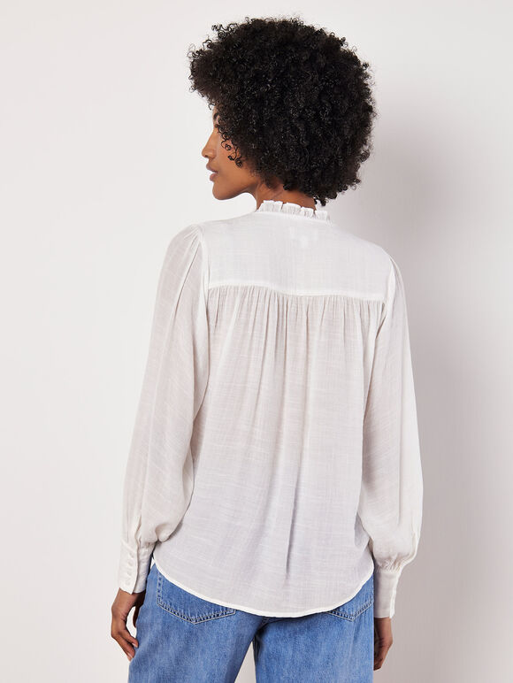 Ruffle Neck Textured Blouse, White, large