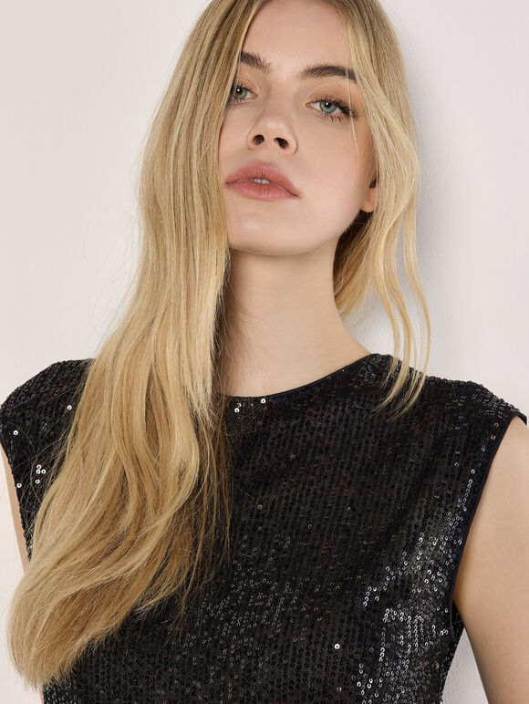 Sleeveless Sequin Top, Black, large