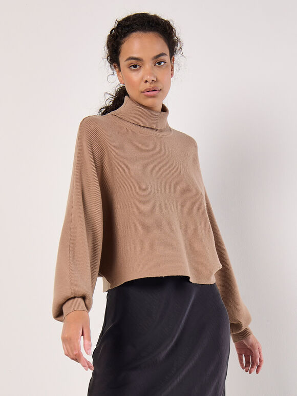 Ribbed Roll Neck Batwing Jumper, Stone, large