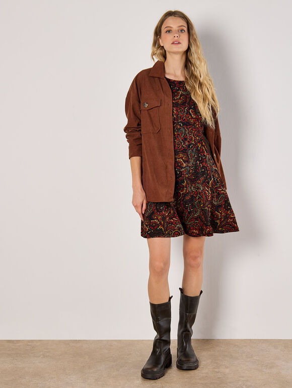 Jersey Knit Paisley Mini Dress, Orange, large