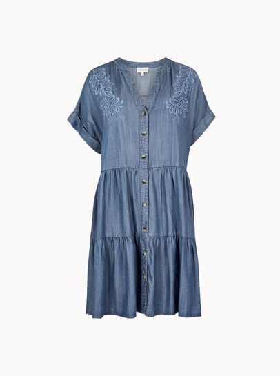 Embroidered Denim Tiered Mini Dress