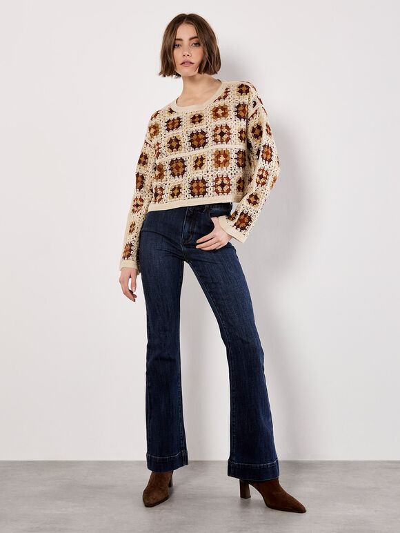 Crochet Squares Cropped Jumper, Burgundy, large