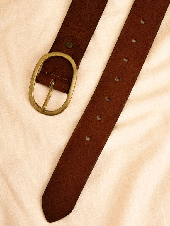 Leather Gold Buckle Belt, Brown, large