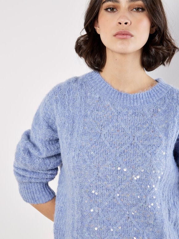Iridescent Sequin Cable Knit Jumper, Blue, large