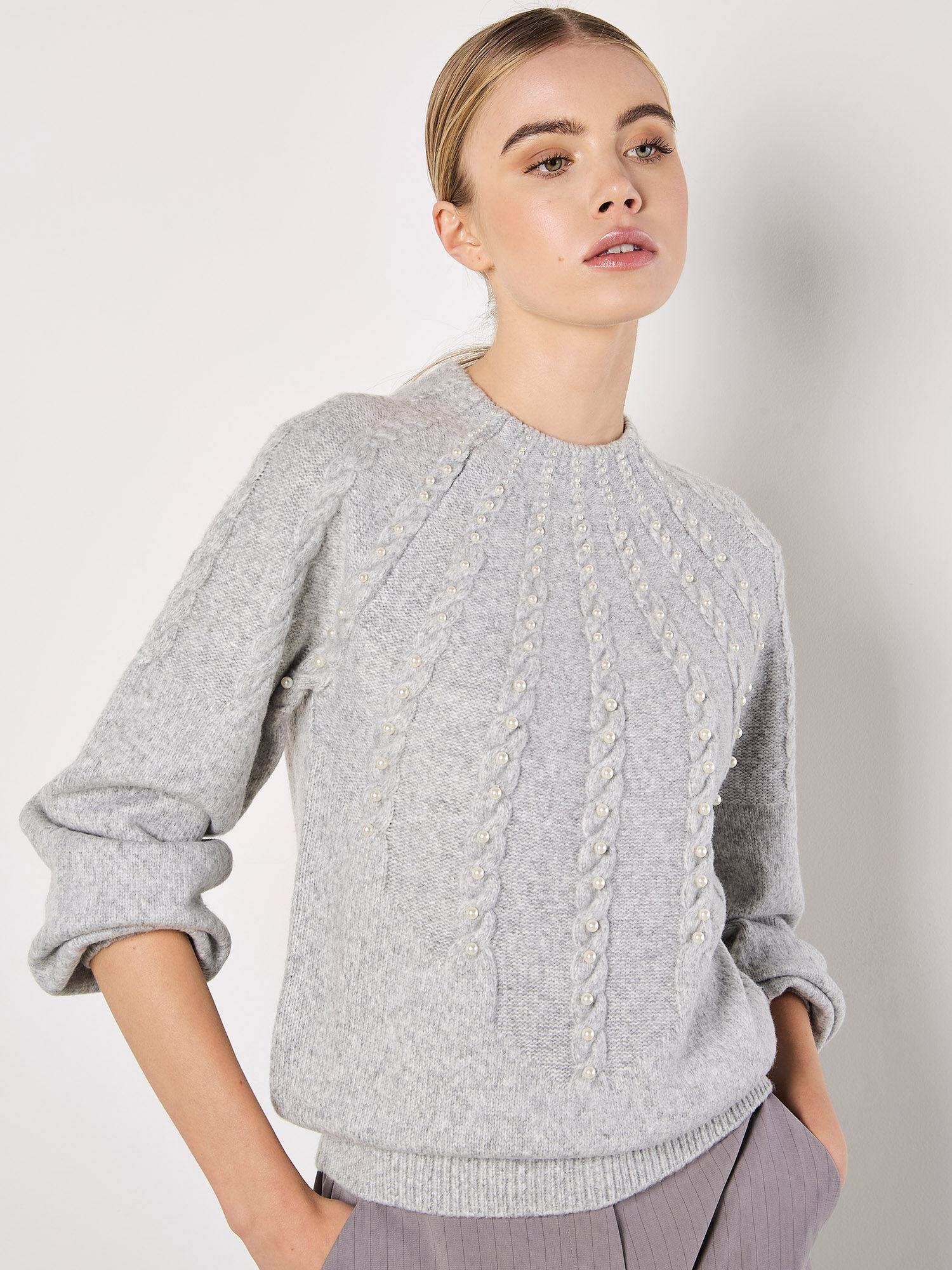 Grey pearl embellished jumper top