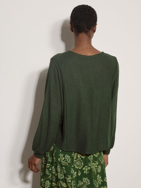Waffle Knit Button Neck Top, Green, large