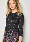 Floral Print Soft Knit Skater Mini Dress, Black, large