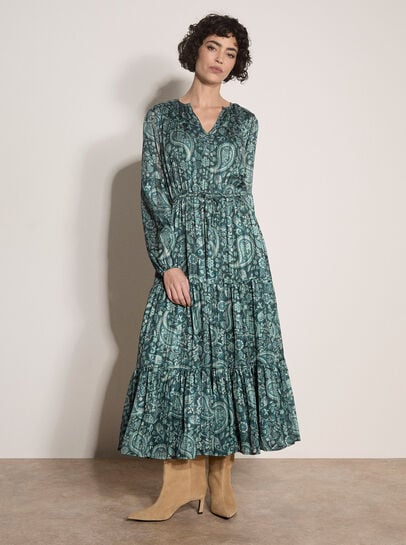 Satin Shimmer Paisley Midi Dress