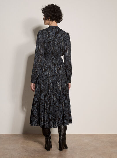 Paisley Metallic Shimmer Tiered Midi Dress