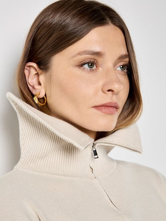 Double Zip Ribbed Knit Cardigan, Stone, large