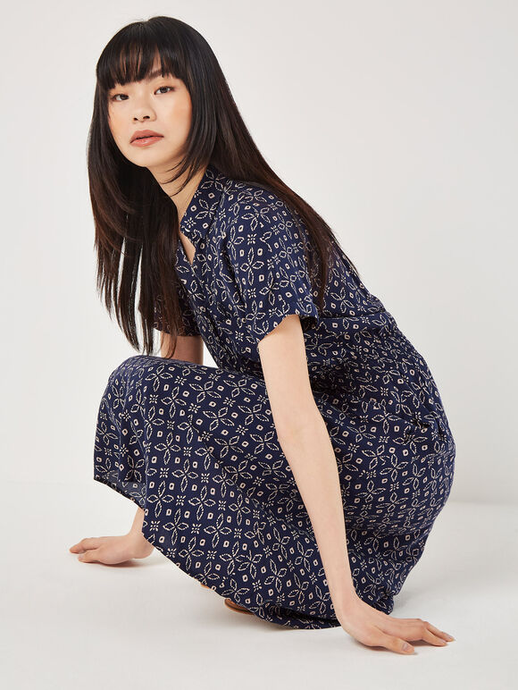 Batik Tile Shirt Midi Dress, Navy, large