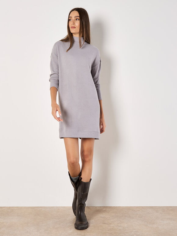 Ribbed Knit Mini Dress, Grey, large