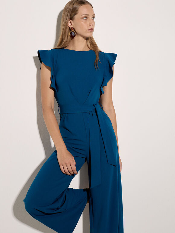 Ruffle Sleeve Jersey Jumpsuit, Cobalt/Royal Blue, large