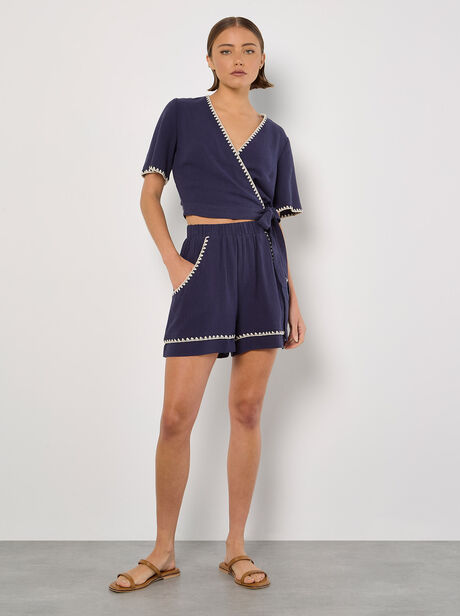 Stitch Detail Linen Blend Shorts