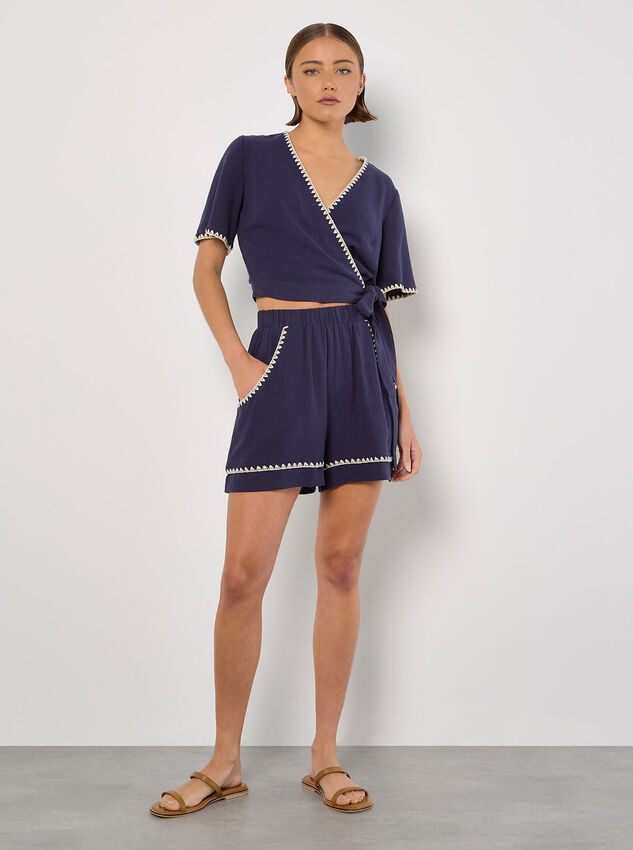 Stitch Detail Linen Blend Shorts, Navy, large