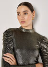Metallic Foil Ruched Shoulder Top, Yellow, large