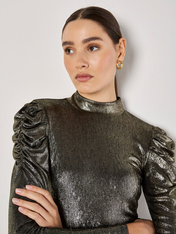 Metallic Foil Ruched Shoulder Top, Yellow, large