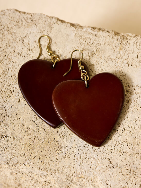 Resin Heart Drop Earrings, Brown, large