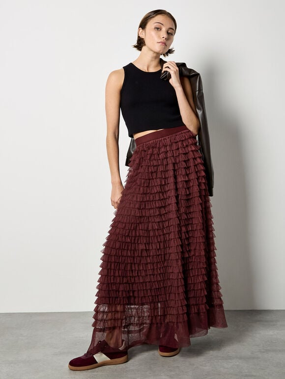 Ruffle Tiered Tulle Maxi Skirt, Burgundy, large