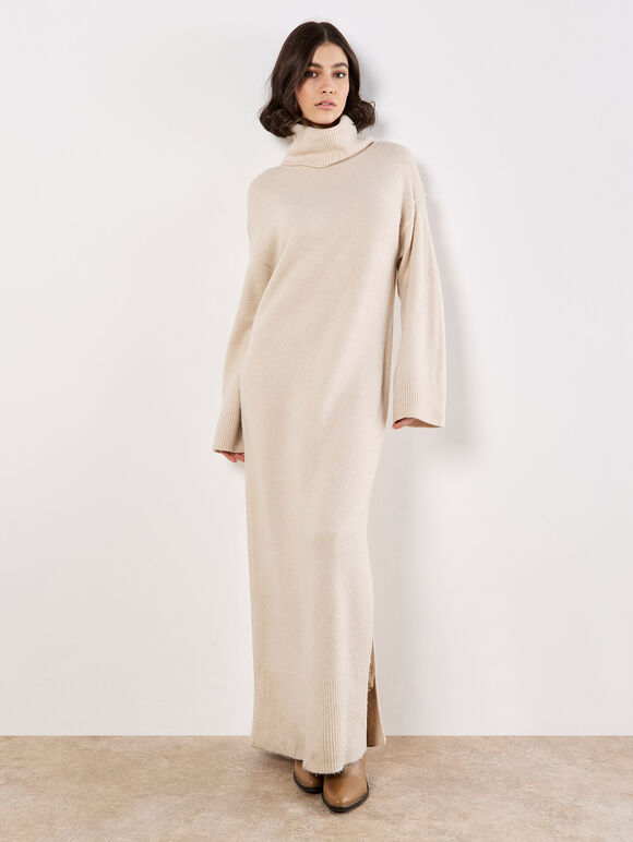 Roll Neck Jumper Maxi Dress, Stone, large
