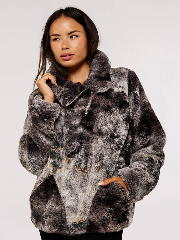 Zip Detail Fleece Jumper, Grey, large