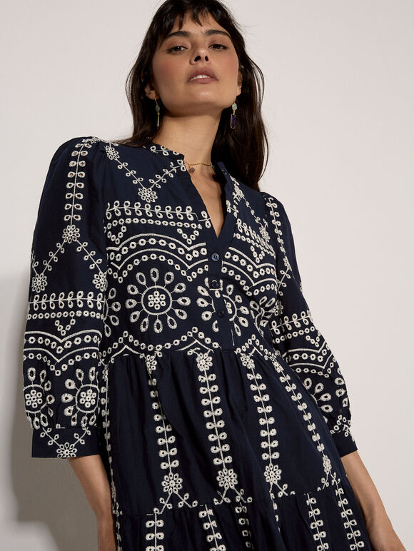 Floral Broderie Anglaise Midi Dress, Navy, large