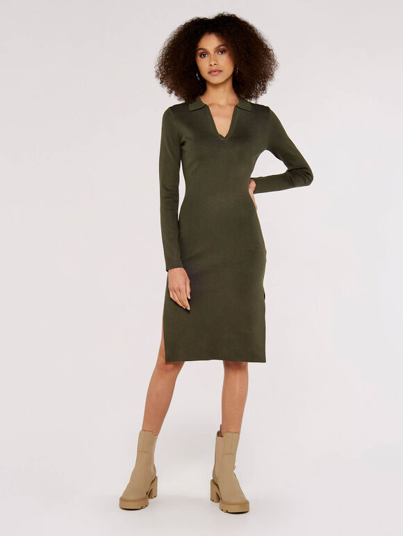 Knitted Split Mini Dress, Khaki, large