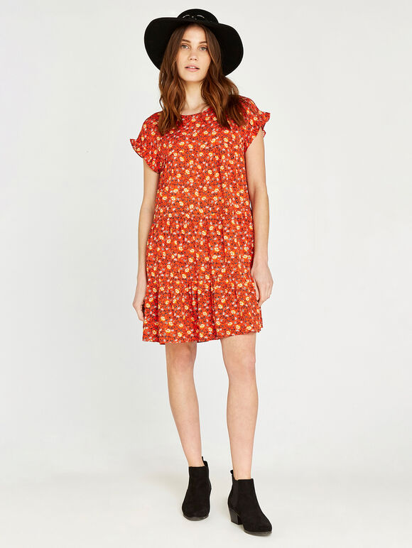 Floral Ruffle Sleeve Tiered Dress, Orange, large