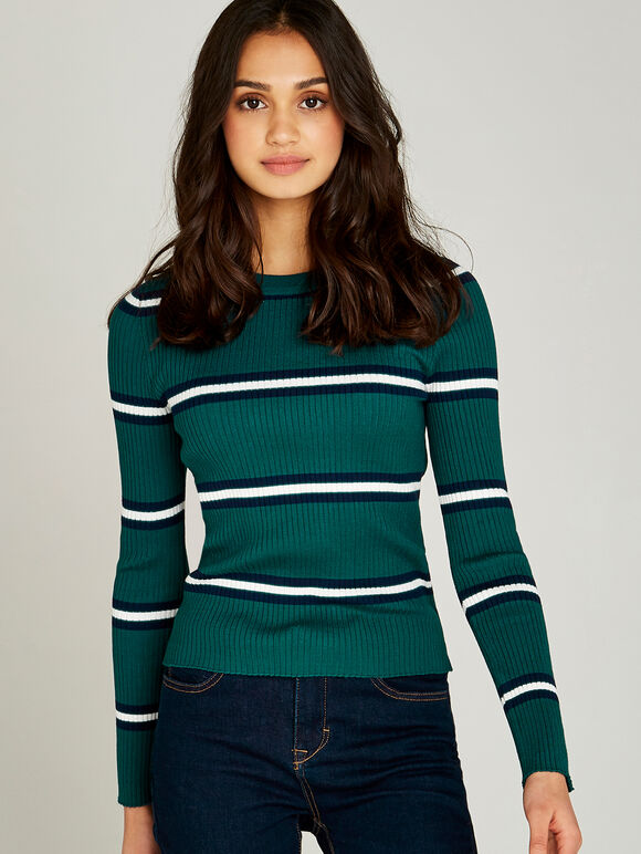 Drei-Streifen-Pullover mit Rundhalsausschnitt, Grün, Größe L