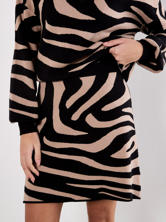 Zebra Knitted A-Line Skirt, Black, large