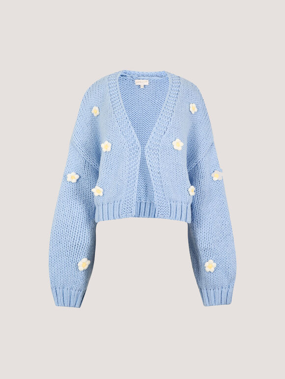 Applique Daisies Chunky Knit Cardigan, Blue, large