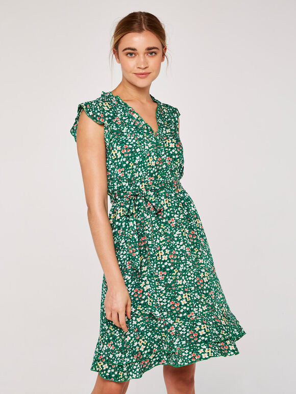 Ditsy Ruffle Mini Dress, Green, large
