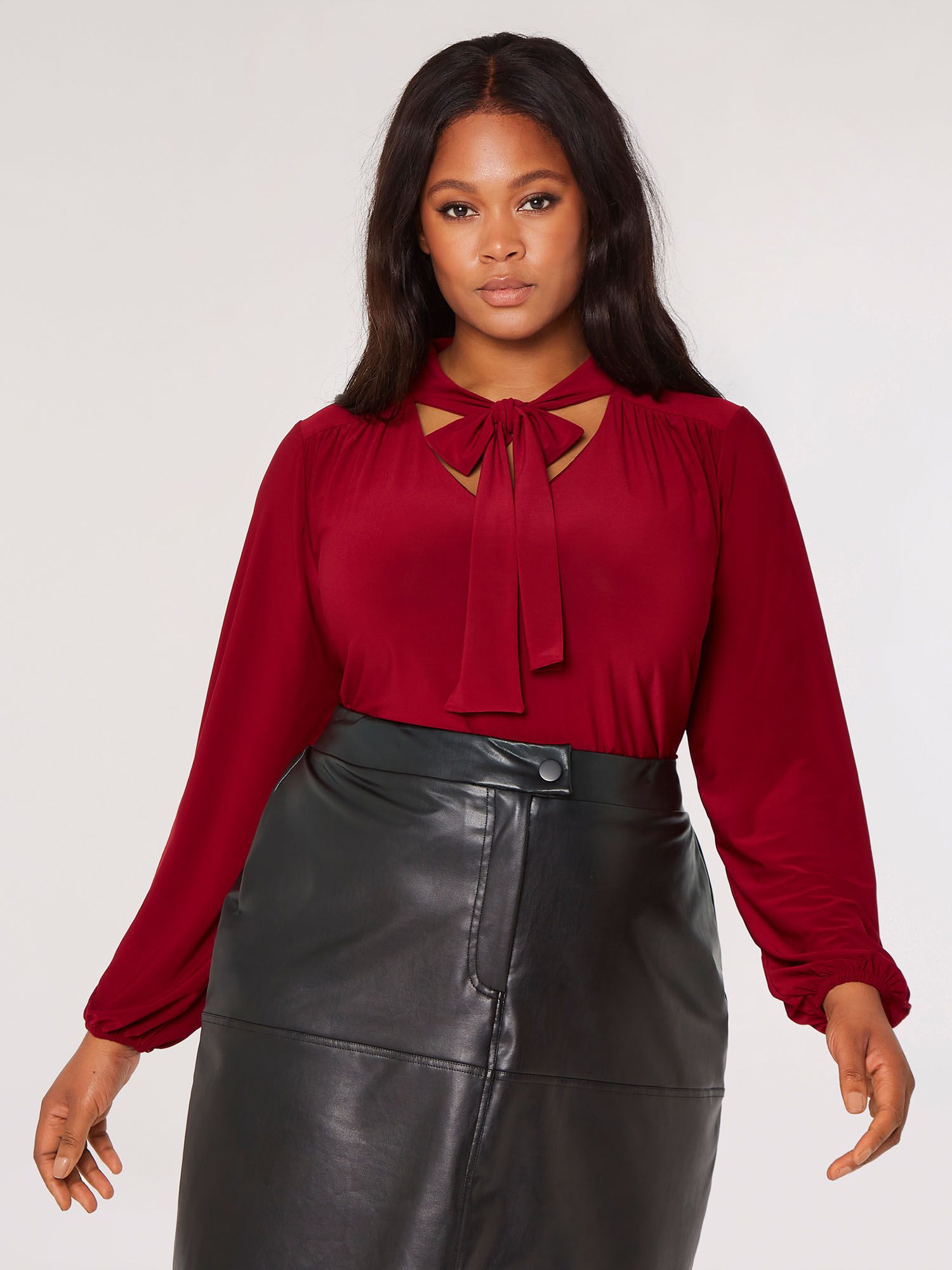 Curve Tie Neck Jersey Top Apricot Clothing