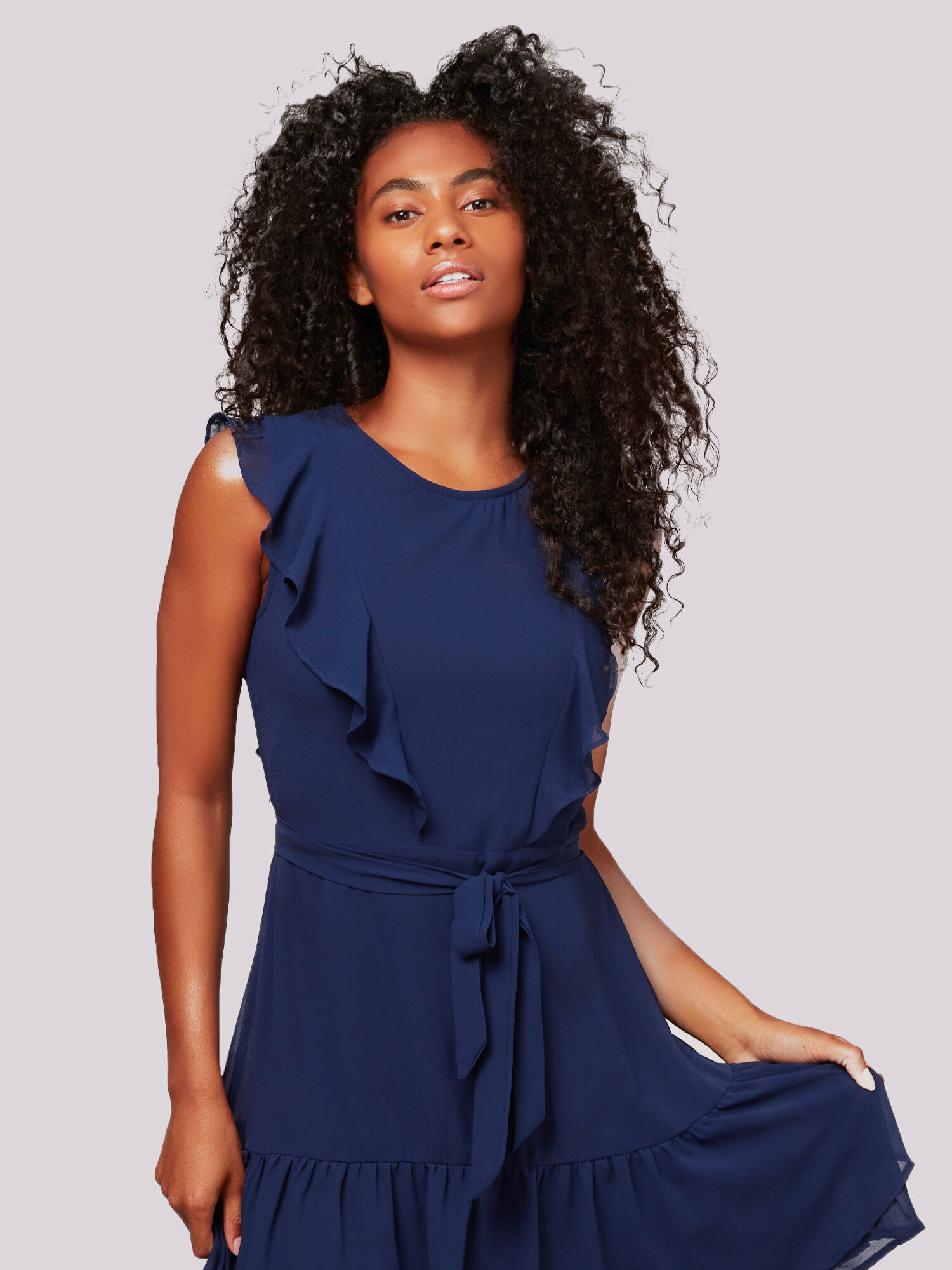 Ruffle Shoulder Self Tie Dress