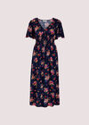 Smocked Bodice Midi Dress, Navy, large