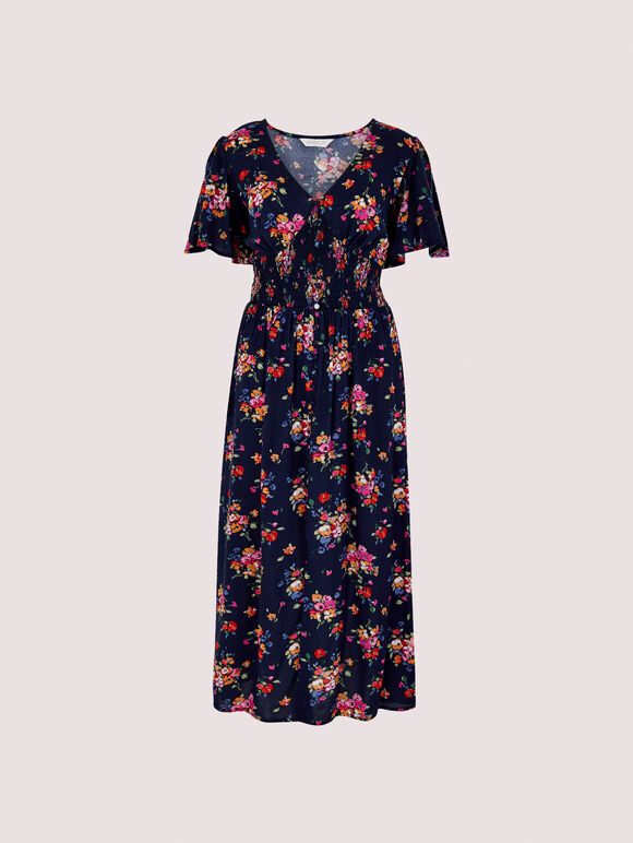 Smocked Bodice Midi Dress, Navy, large