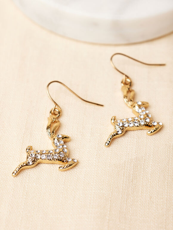 Gold Tone Crystal Reindeer Earrings, Assorted, large